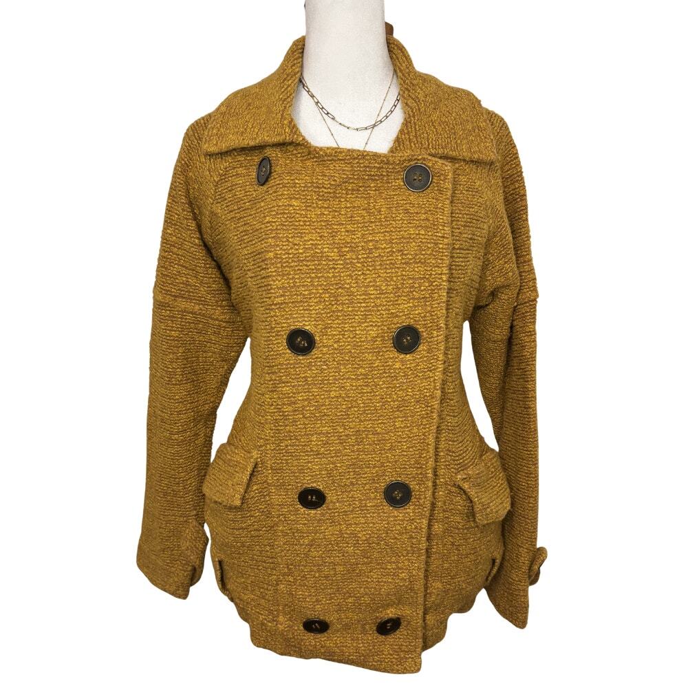Free People Double Breasted Boucle Peacoat Jacket Mustard Yellow Size S